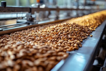 Fototapeta premium Sustainable coffee processing facility showcases freshly harvested coffee beans in a state-of-the-art production line