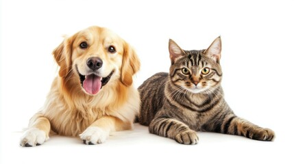Golden dog and striped cat, both sitting, white background emphasizes their features