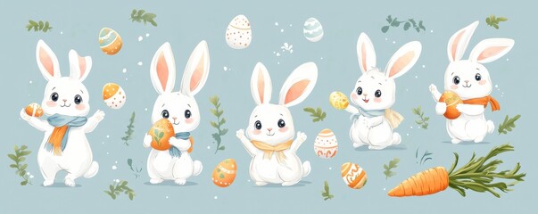 Naklejka premium Adorable cartoon Easter bunnies with colorful eggs and festive decor