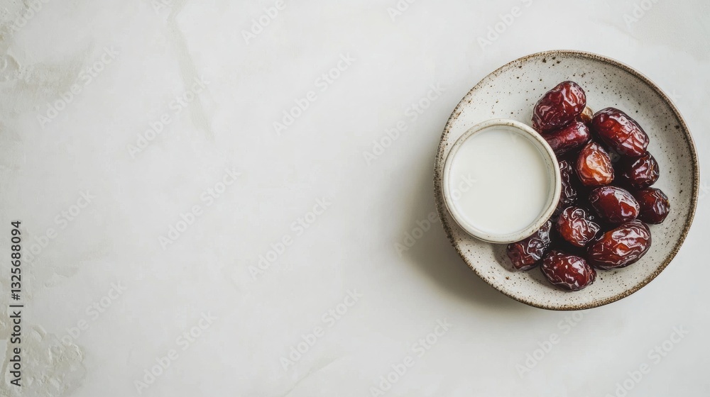 Aufkleber fresh medjool dates in a decorative bowl with a small container of creamy yogurt on a light textured