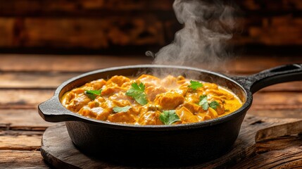 Delicious pot of chicken curry simmering in a cast iron pot with steam rising and aromas filling the kitchen air