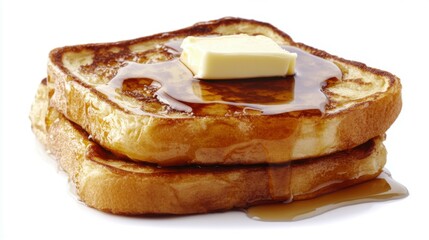 French toast stack with butter and maple syrup on white background for breakfast