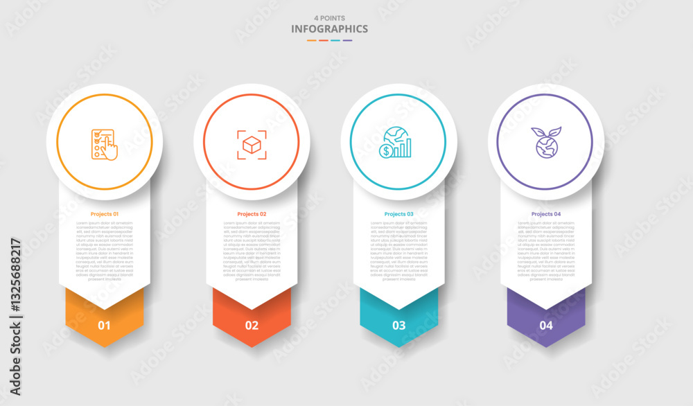 Poster 4 points template infographic with big circle header and arrow stacked bottom direction with drop sh