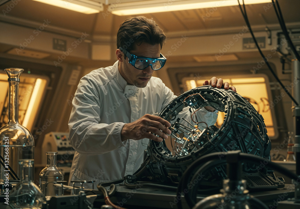 Poster a scientist physicist conducts experiments in a scientific laboratory of the future . generative ai