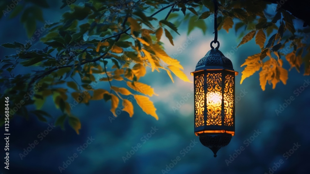 Poster ornate lantern hanging from branch with illuminated glow surrounded by soft leaves in a serene outdo