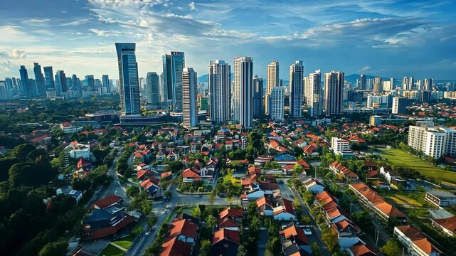 Dynamic urban skyline with highrise architecture and residential neighborhoods under a vibrant sky