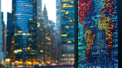Vibrant Digital Display Against Night Cityscape