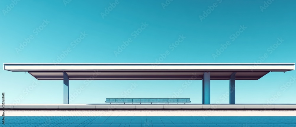 Poster Minimalist architectural design of a modern bus stop shelter under a clear blue sky with a unique linear structure and simple seating arrangement