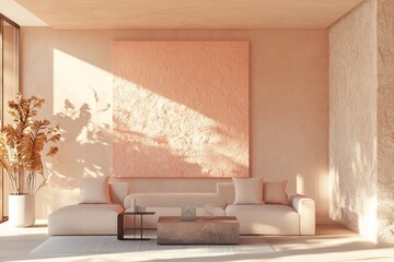 Modern room design, peach fuzz 2025, luxury setting with art wall, 3D.