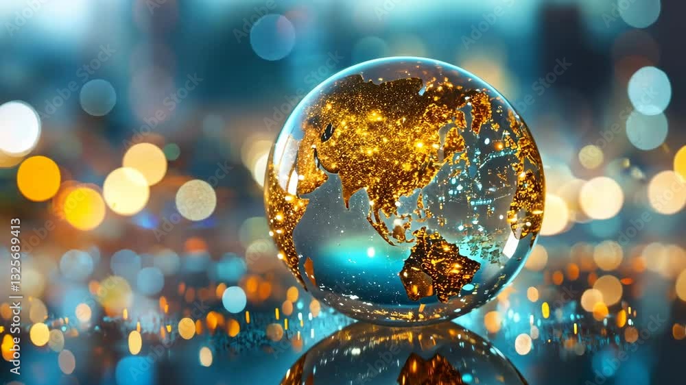 Poster illuminated globe on a reflective surface showcasing continents at night with a bokeh city backgroun