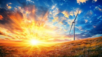 Obraz premium Wind turbine on a grassy hill under a beautiful, colorful sunrise sky