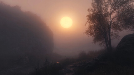 Fototapeta premium Misty morning landscape with golden sunrise over mountains fog sky tree view calm dawn hill rocks