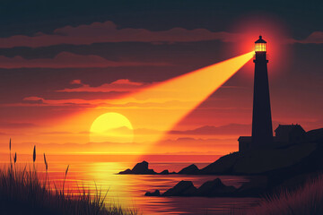 Majestic lighthouse silhouette at sunset dramatic ocean view scenic coastal landscape sea sky red