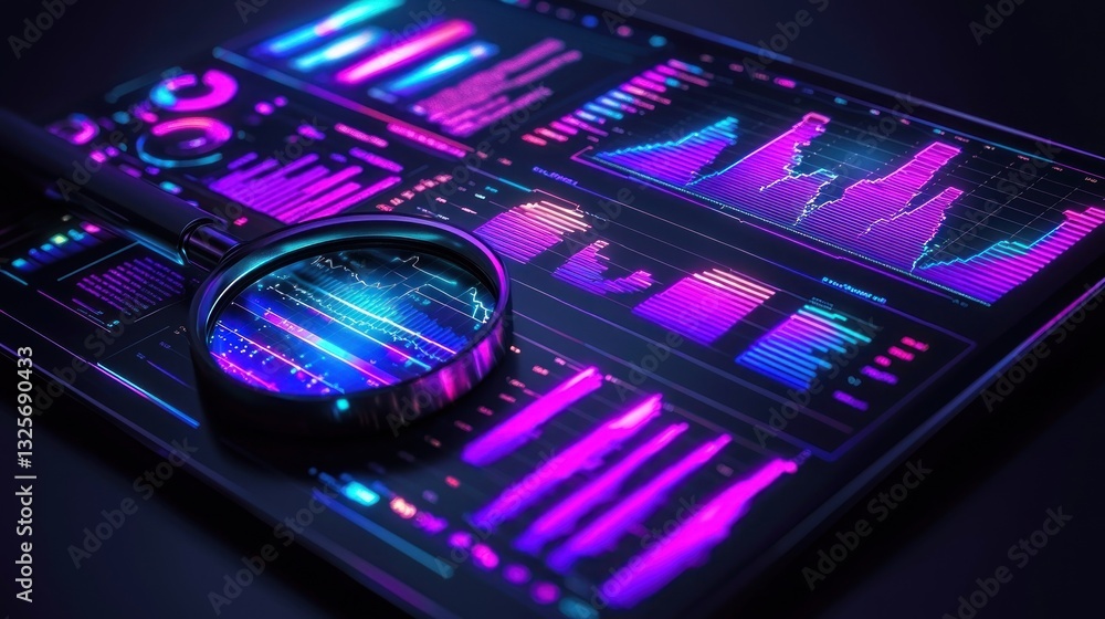 Aufkleber magnifying glass examining data charts presented on a digital screen
