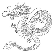 Mythical Dragon: A detailed illustration of a powerful dragon, a symbol of strength and good fortune, depicted with intricate scales, sharp claws, and a fierce expression, against a clean backdrop.