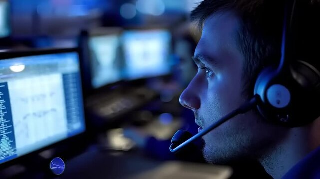 Focused operator in a control room monitors data on multiple screens in a high-tech environment