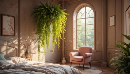 Serene Bedroom Interior Design with Hanging Fern Plant and Sunlit Window
