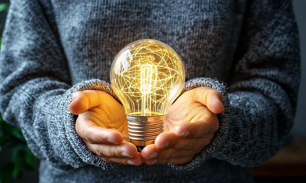 Person holds illuminated lightbulb showing concept/idea. Indoor, soft light, home setting with plant