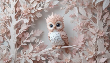 Fototapeta premium Adorable Paper Owl Perched on Branch Amidst Delicate Paper Flowers and Trees