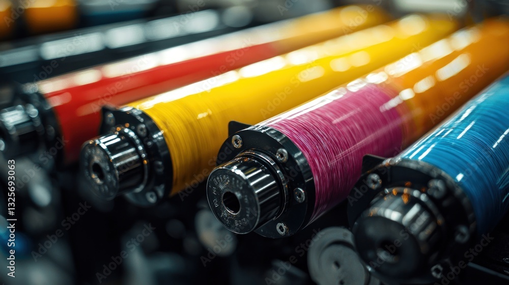 Poster a close up of the colorful printing press rollers