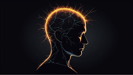 Human head with glowing brain neural connections and electricity symbolizing mental energy and brain activity