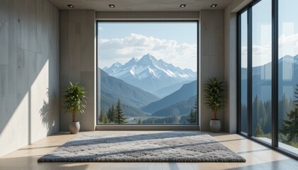 Stunning Mountain View from Modern Room with Grey Rug and Plants