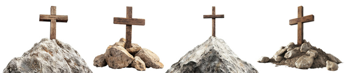 Set of wooden crosses on rocky mountain peaks, isolated on transparent cutout background