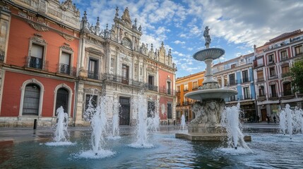 Naklejka premium Historic Cavalry Academy Building Overlooking Fountain on Zorilla Square in Valladolid, Spain: A Touristic Gem of the Old City