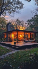 A charming, arched house featuring a cozy patio adorned with potted plants and a welcoming covered porch, all bathed in the warm glow of evening light, creating a serene atmosphere.