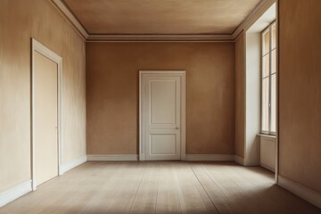 Fototapeta premium Empty room with beige walls, wooden floor, and two doors.
