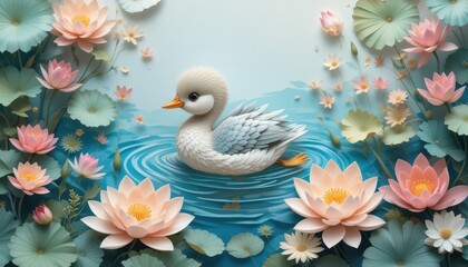 Adorable Baby Duckling Swimming in Serene Lotus Pond Water Lily Flowers