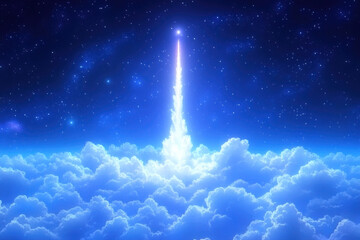 A stunning digital illustration of a rocket soaring through vibrant blue clouds against a starry night sky.