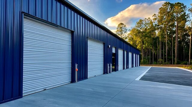 Modern industrial building with multiple white roll-up doors