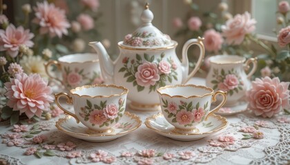 Fototapeta premium Elegant Pink Rose Tea Set with Delicate Floral Decor Beautiful Vintage Tea Party Scene