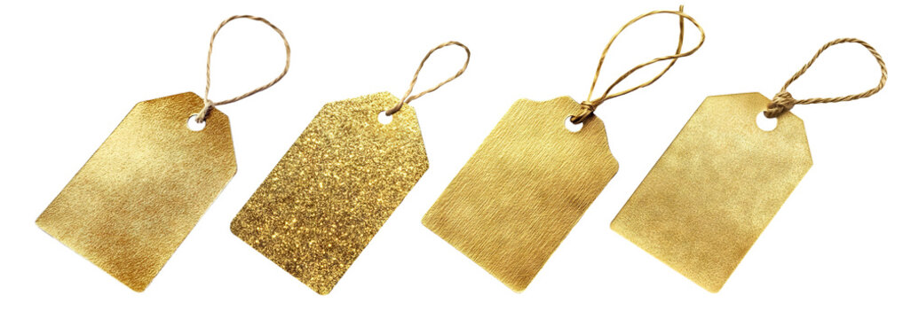 Set of golden gift tags, isolated on transparent cutout background