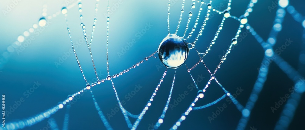 Poster close-up of a water droplet on a delicate spiderweb with soft blue background and natural light refl