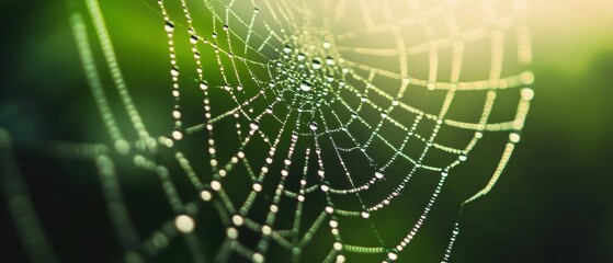 Naklejka premium Close-up of a Dewy Spider Web Glimmering in the Morning Light with a Soft Green Background and Sparkling Water Droplets