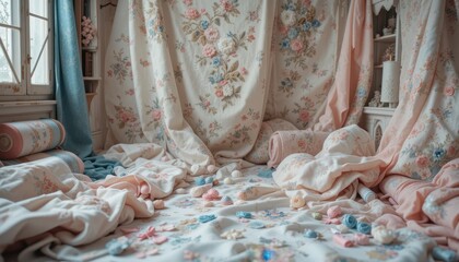 Delicate Floral Fabrics Pastel Pink and Blue Textiles Arranged on a Bed