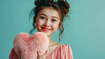Young woman joyfully holding fuzzy pink heart against vibrant mint background