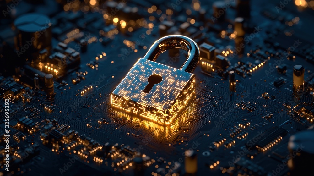 Aufkleber glowing padlock on computer circuit board symbolizing digital security