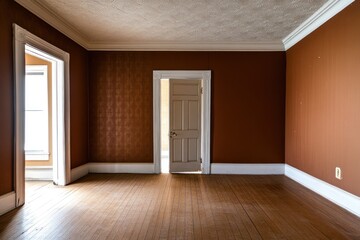 Fototapeta premium Empty room with brown walls, wooden floors, and open doorways.