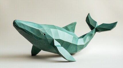 A teal colored geometric sculpture of a swimming whale