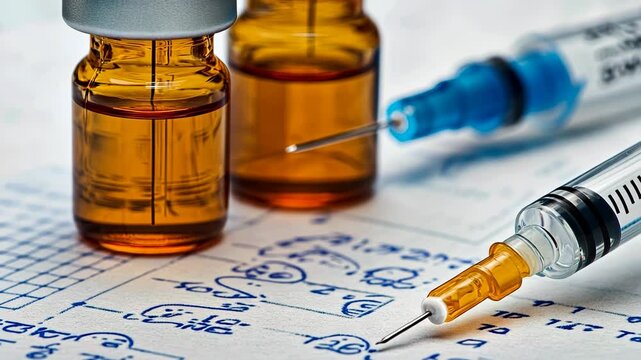 Laboratory setup with vials and syringes for medical research and vaccine preparation at a healthcare facility