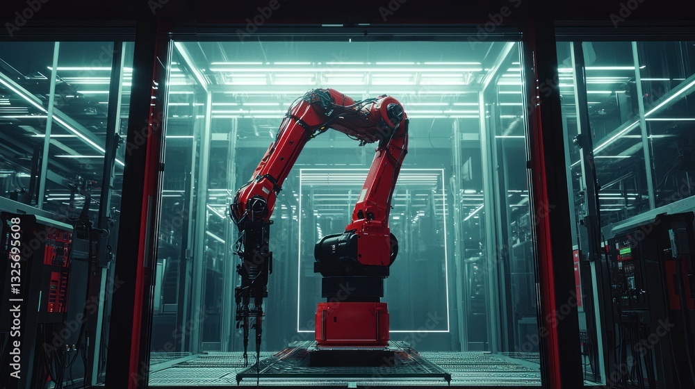 Poster a futuristic factory shows a robotic arm in the building