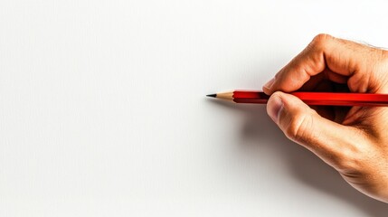 A hand holds a red pencil against a blank paper surface