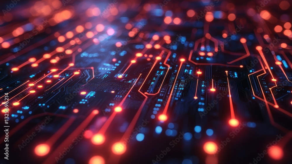 Poster close up image of a printed circuit board with lights