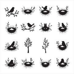Bird Nest Silhouettes with Eggs and Birds