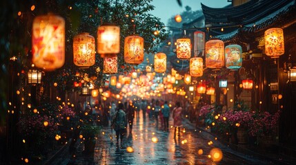 Obraz premium Rainy night in a lantern-lit Asian street.