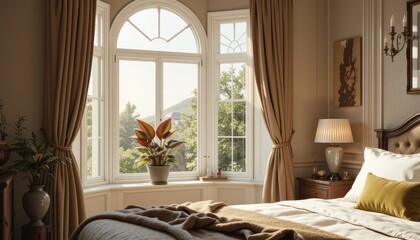 Serene Bedroom Interior Design Bay Window Sunlight Illuminates Cozy Room Decor
