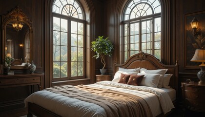Obraz premium Luxurious Master Bedroom Interior Design with Large Windows and Wooden Furnishings